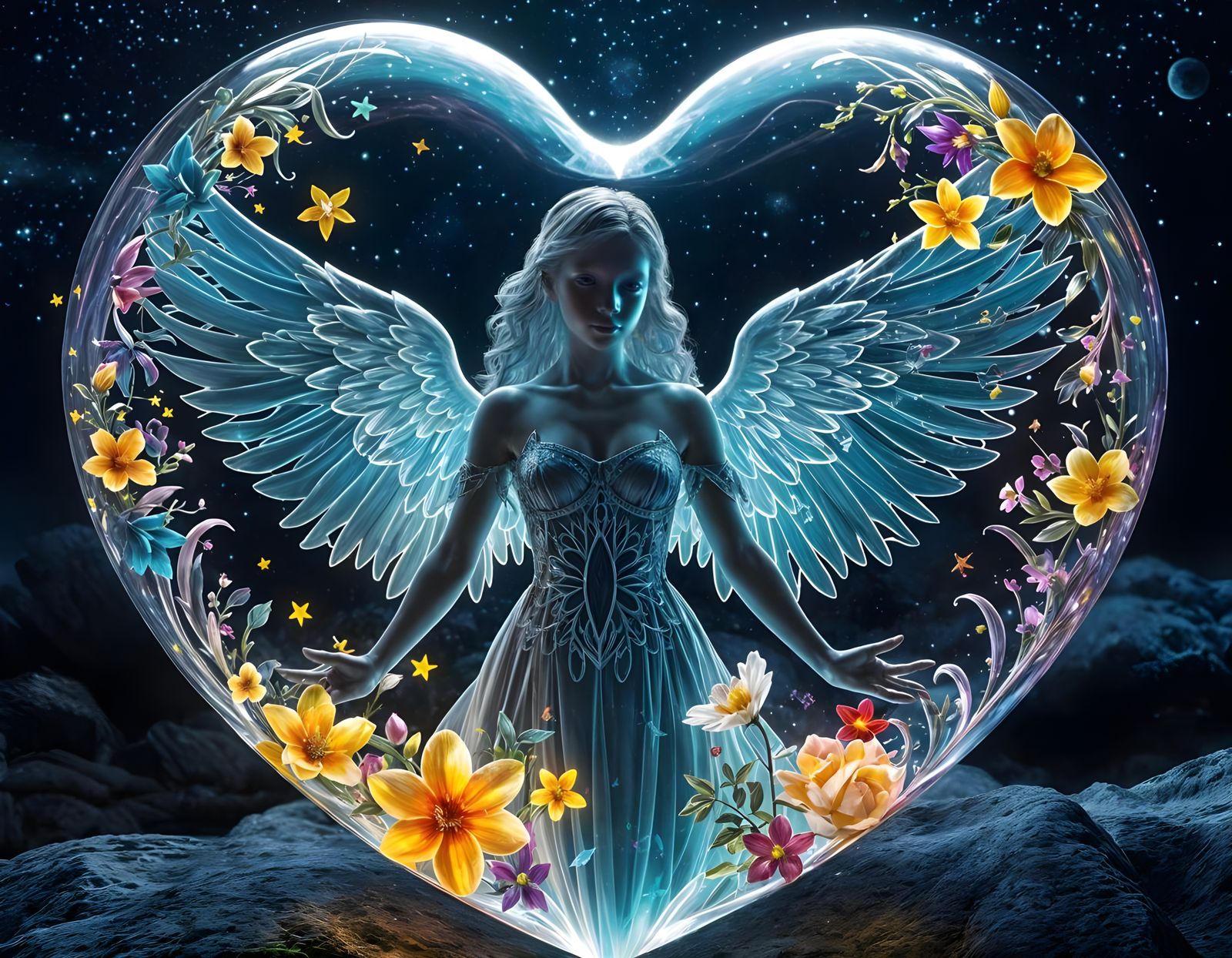 Magical Angel-Flower Silhouette in Crystal Heart, 3D Render