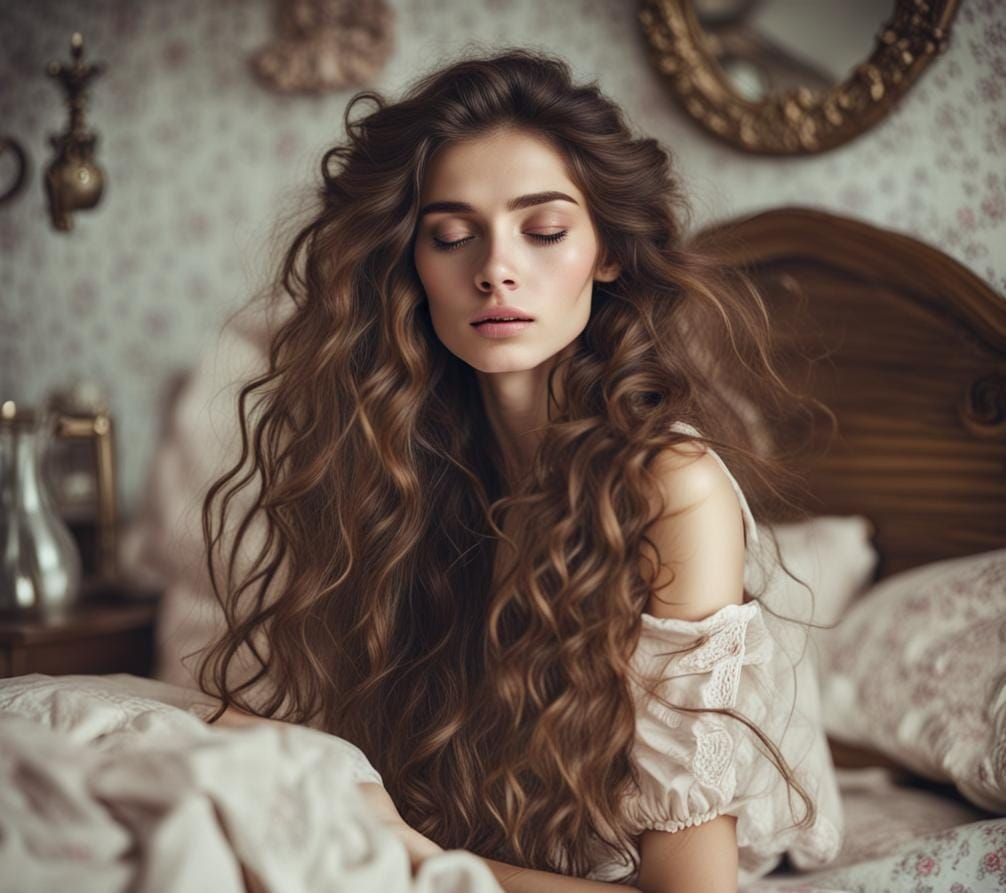 Slender Girl Sleeps in Shabby Chic Bedroom