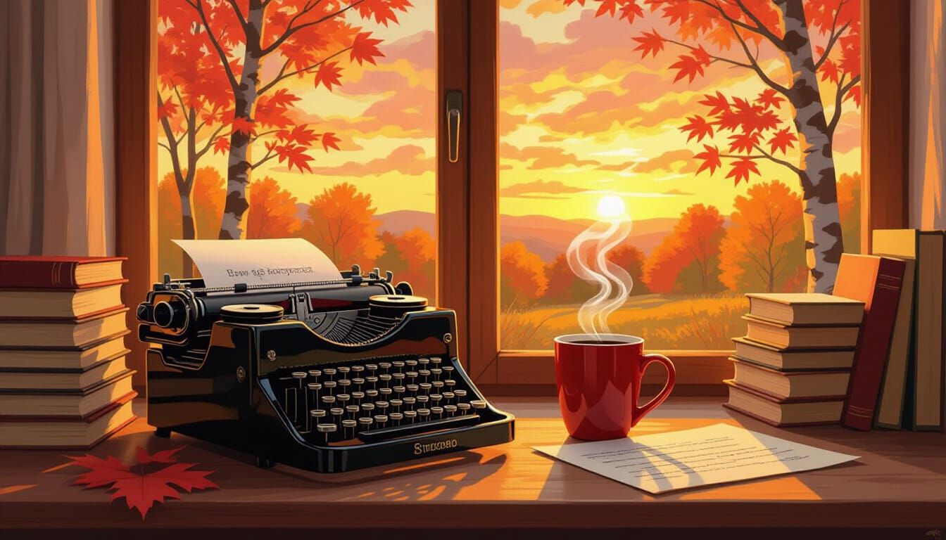 Cozy Autumn Office with Vintage Typewriter in Golden Light