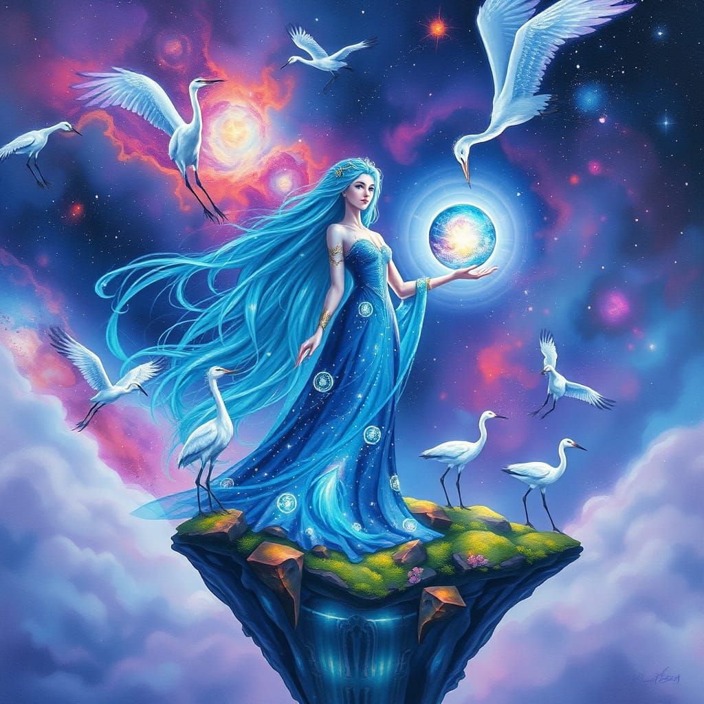 Celestial Goddess on Nebula Island in Watercolor Style