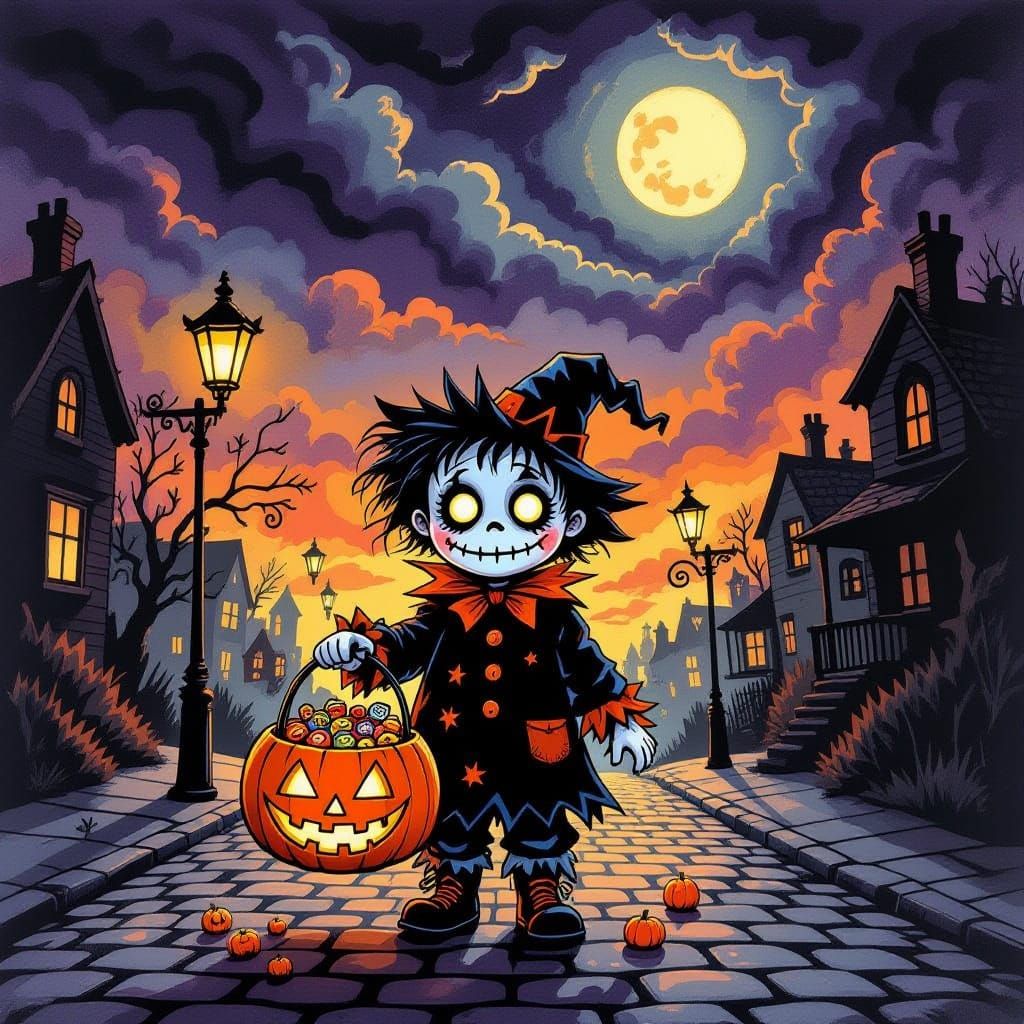 Whimsical Frankenstein Child with Eerie Jack-o'-lantern