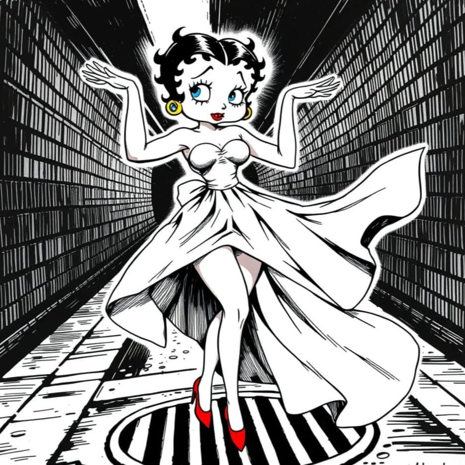 Vintage-Style Cartoon Diva Flies High in the City