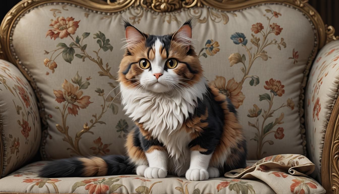 Calico Cat Portrait on Ornate Couch, 3D Digital Art