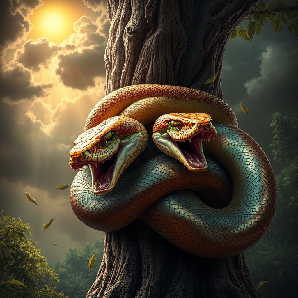 Python Snake Dominates Tree in Hyperrealistic Splash Art