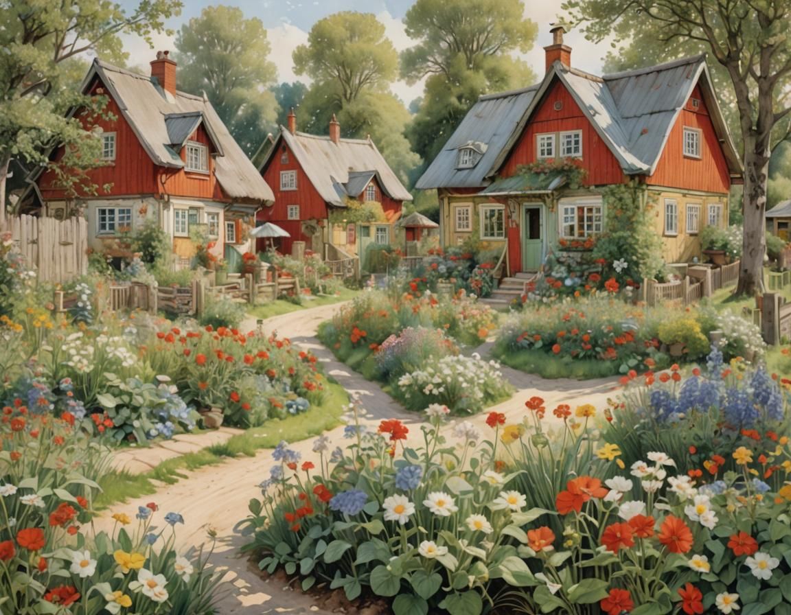 Charming Village with Blooming Gardens, Larsson Style
