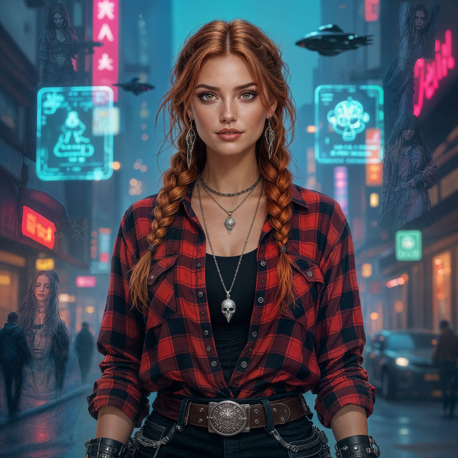 Viking Witch in Cyberpunk Cityscape