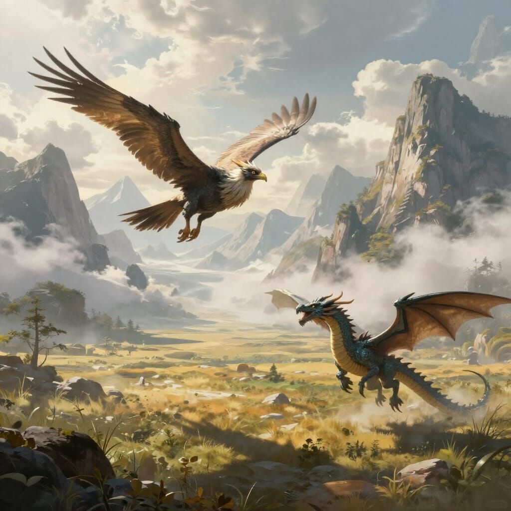 Gryphon and Dragon Soar Over Mountain Plains