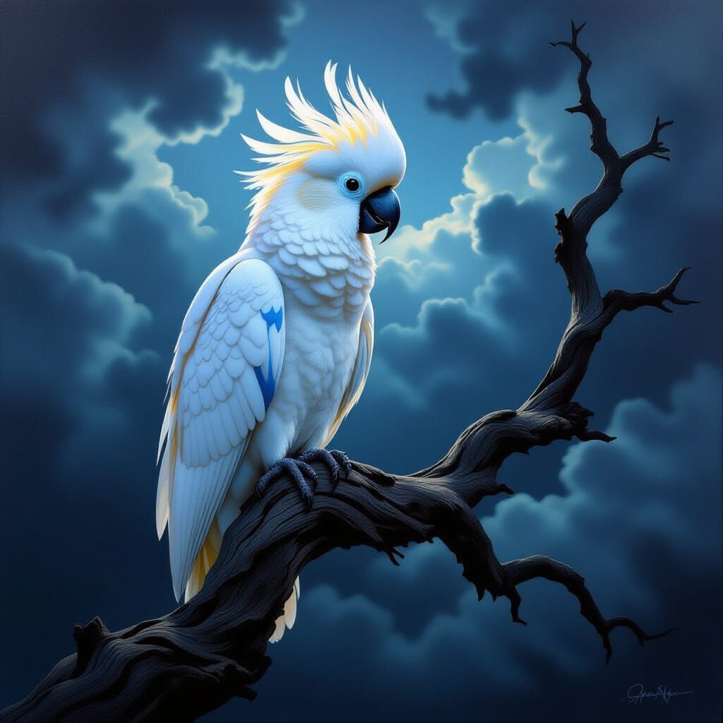 Majestic Cockatoo in Stormy Twilight Oil Painting