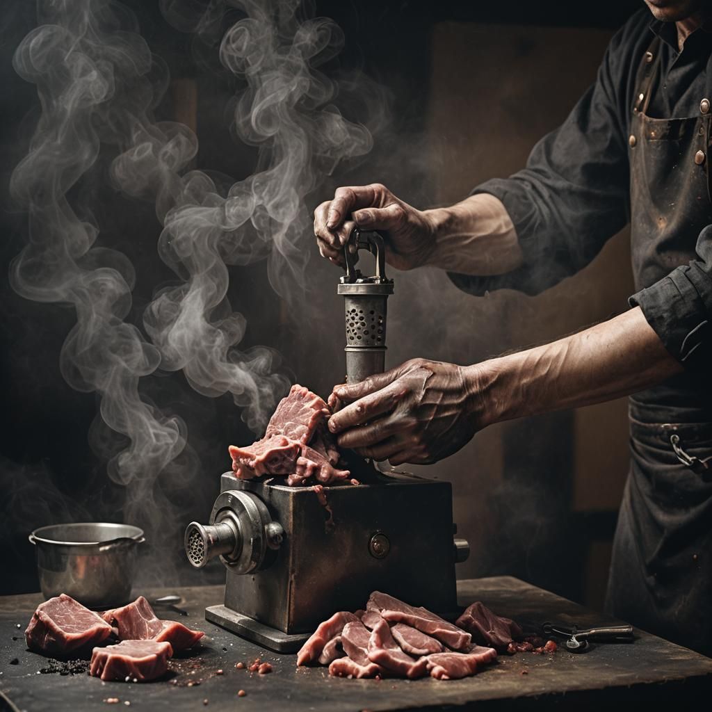 Dark Surrealism: Butcher's Hands with Meat Grinder