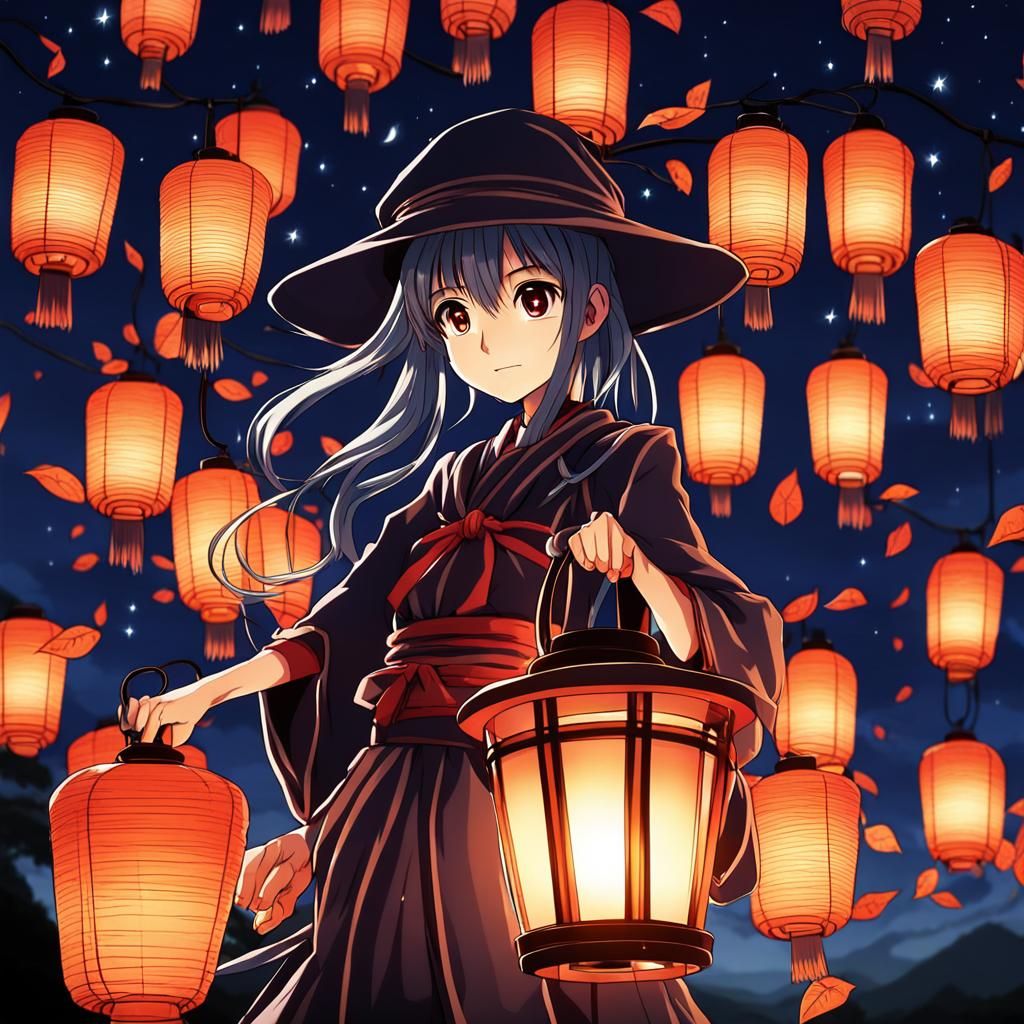 Anime Maiden with Lantern in Japanese Style
