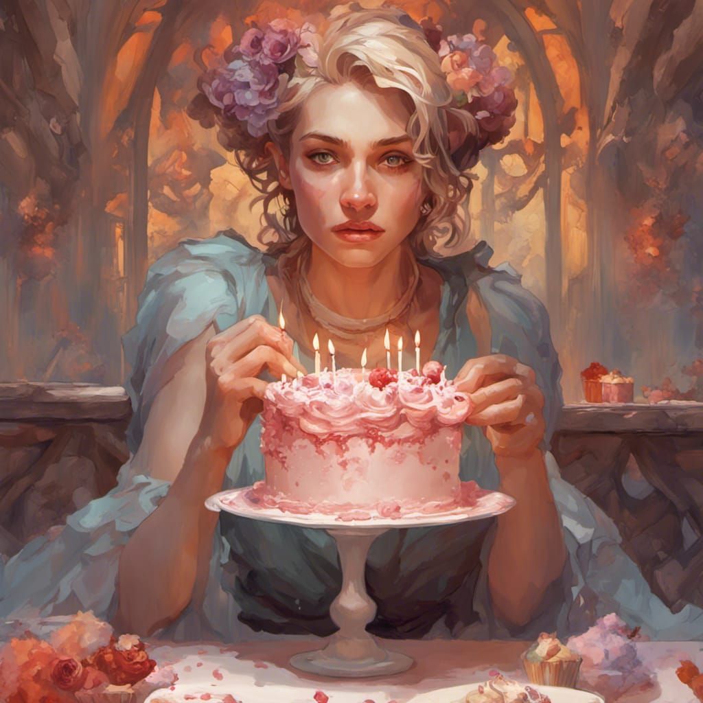 Woman Eating Cake: Hyperdetailed Romantic Portrait