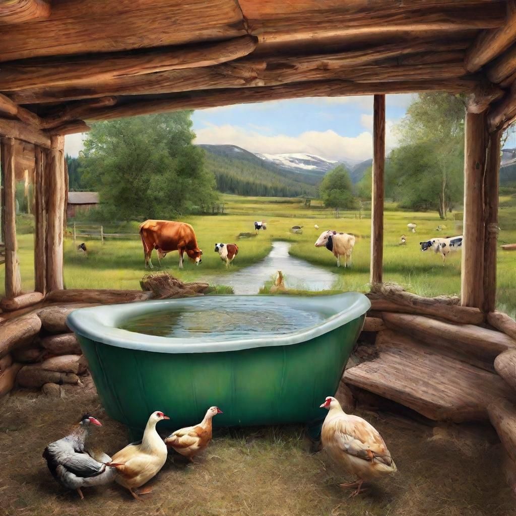 Pastoral Scene with Cabin, Cows, Ducks, and Roosters