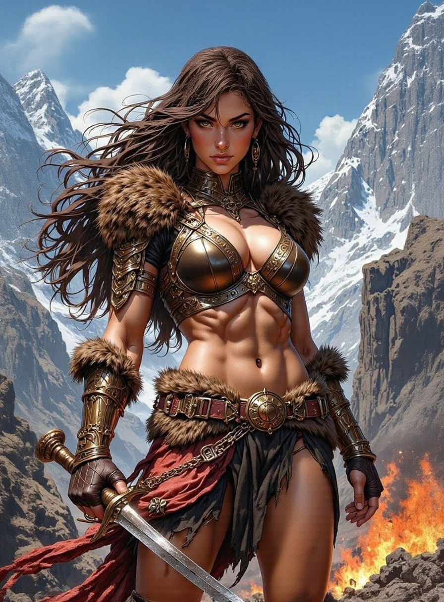 Fierce Barbarian Woman Attacks on Battlefield