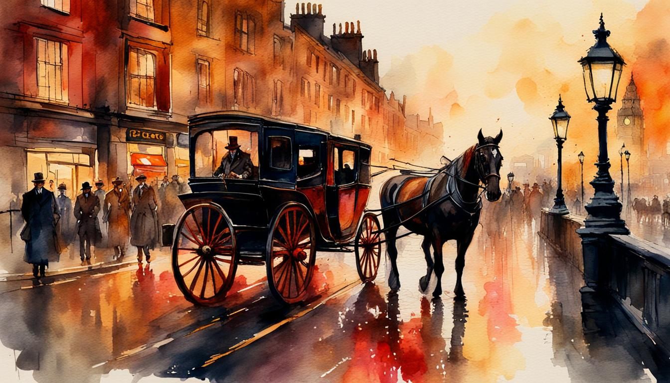 London Bridge Horse and Buggy in Watercolor Style