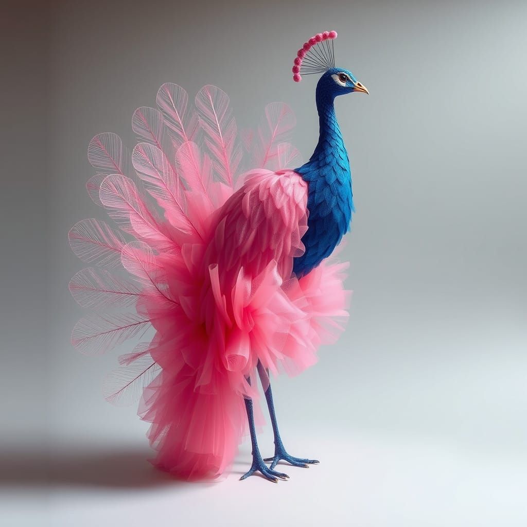 Surreal Peacock in Tulle, with Intricate Shadows and Vibrant...