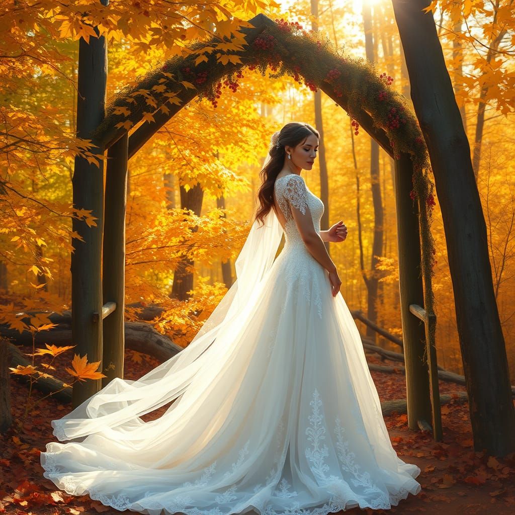 Elegant Bride in Vibrant Fall Forest