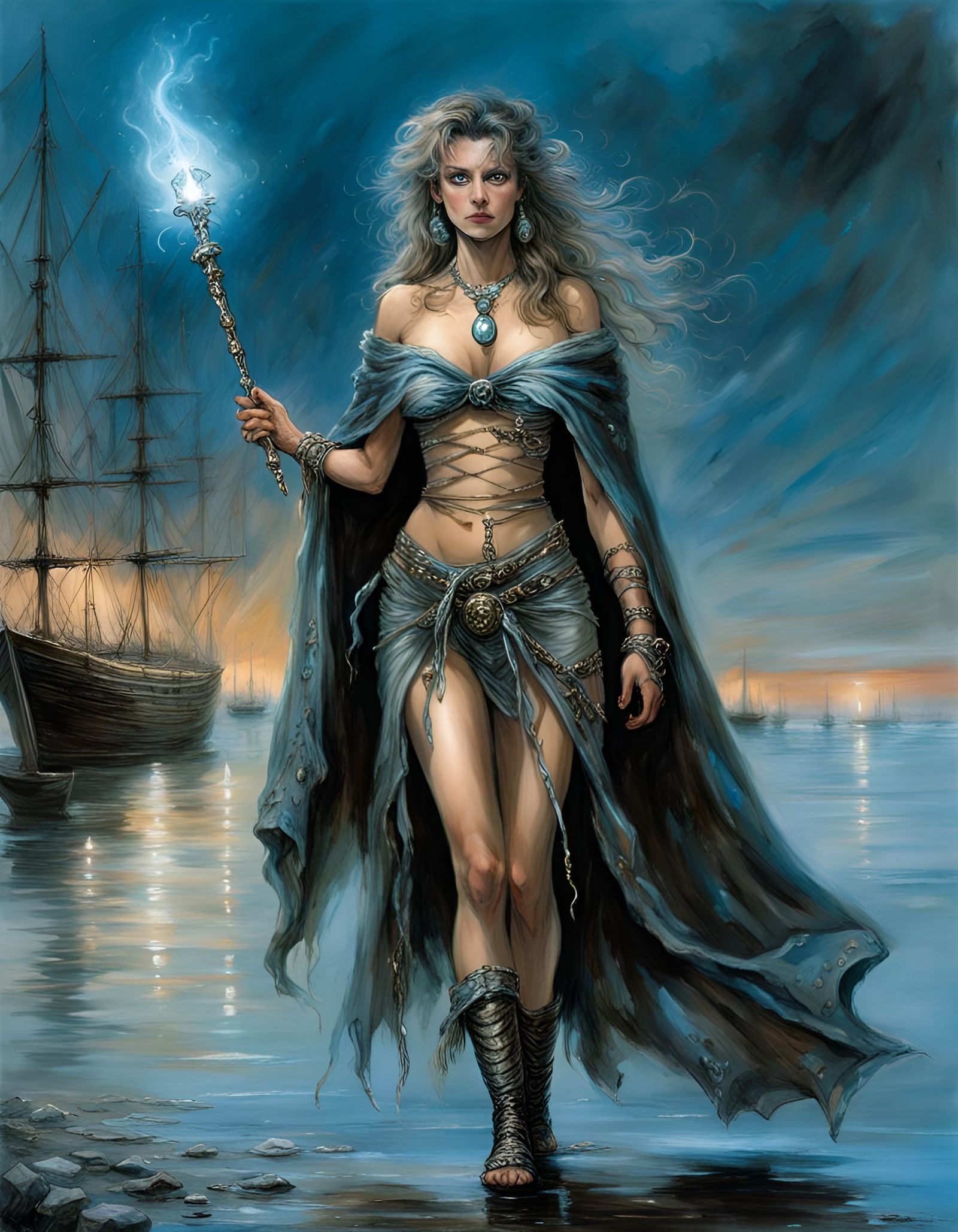 Melancholic Witch in Twilight Harbor, Digital Art