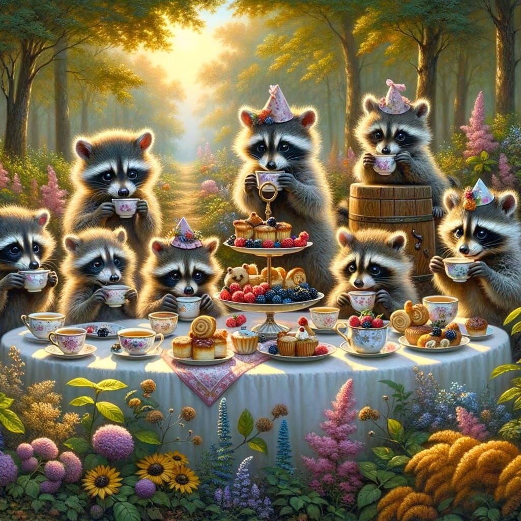 Raccoon Tea Party in a Sunlit Forest