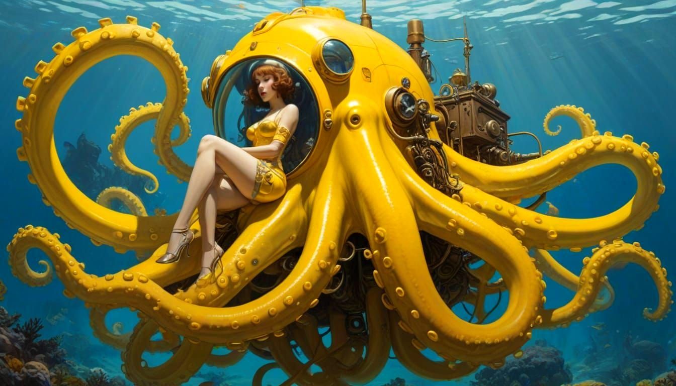 Steampunk Octopus and Submarine in Vintage Style