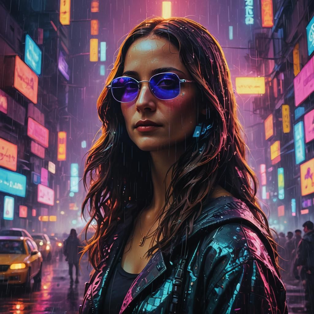 Mona Lisa in Cyberpunk Dystopian Cityscape