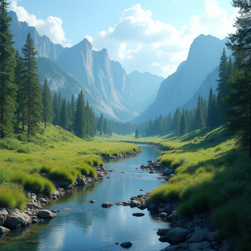 Majestic Mountain Range With Crystal Clear River