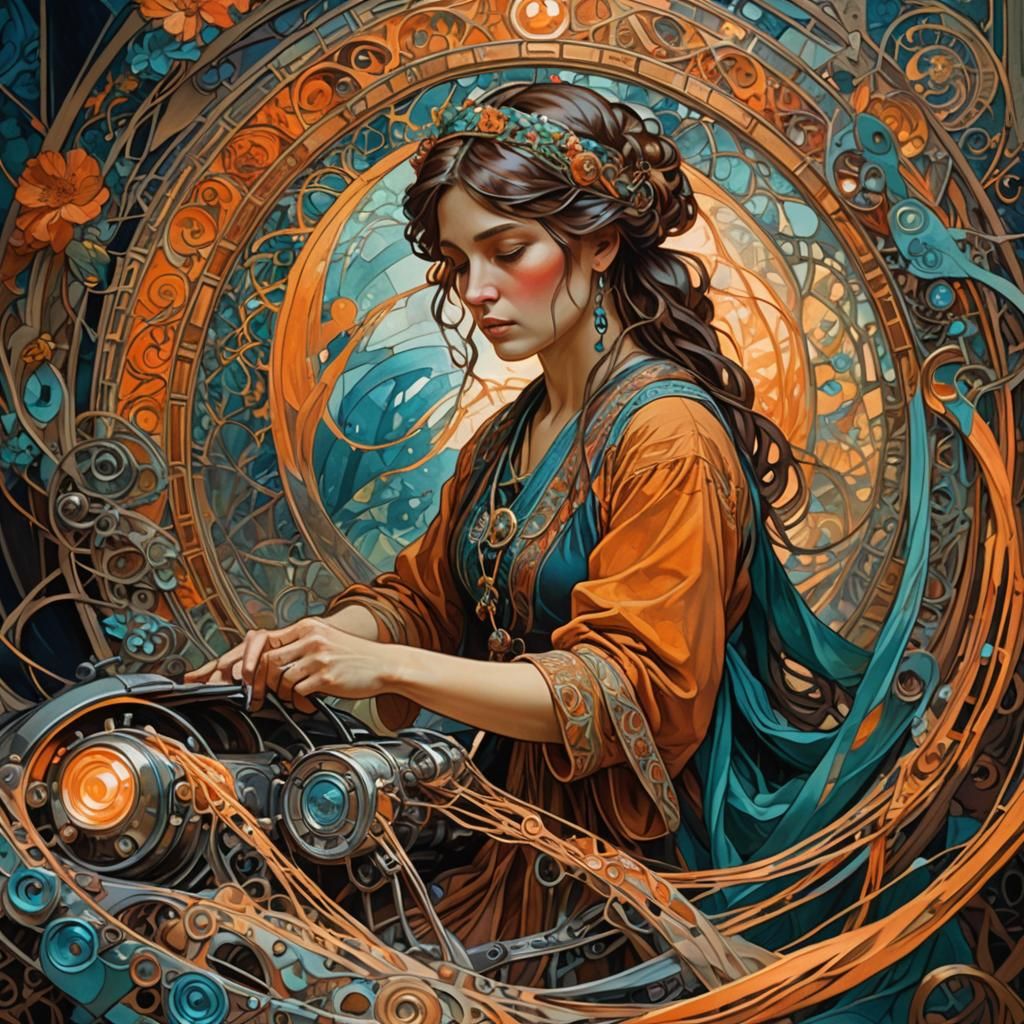 Woman Weaving Car Tapestry in Art Nouveau Style