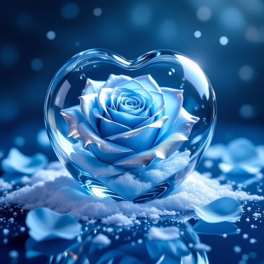 Sky Blue Rose in Heart Sphere with Silver Petals