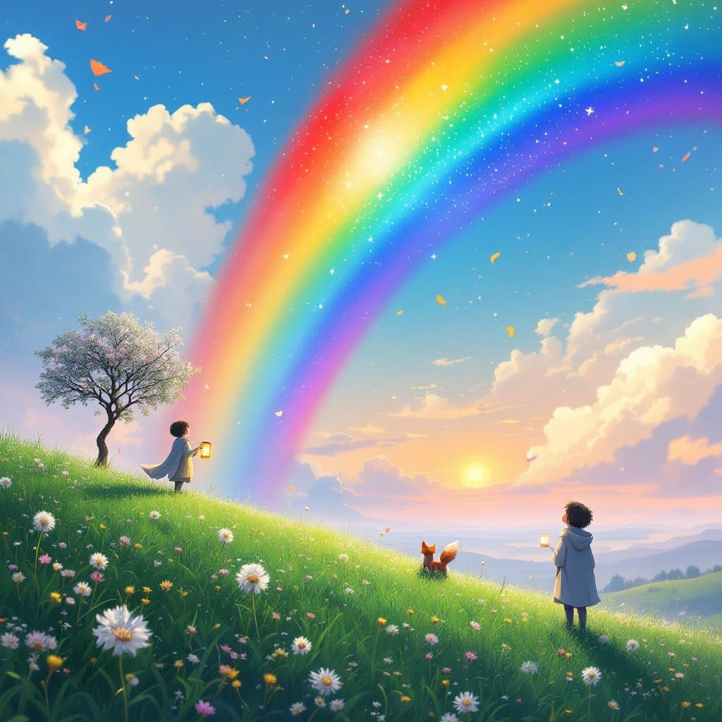 Whimsical Dreamscape with Ghibli-Inspired Rainbow and Floati...