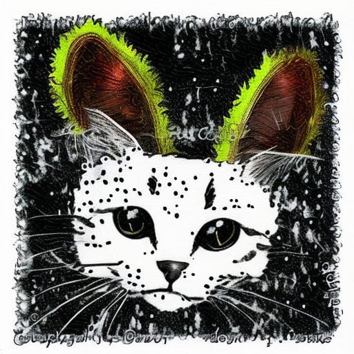 woodblock print__cat with bunny ears