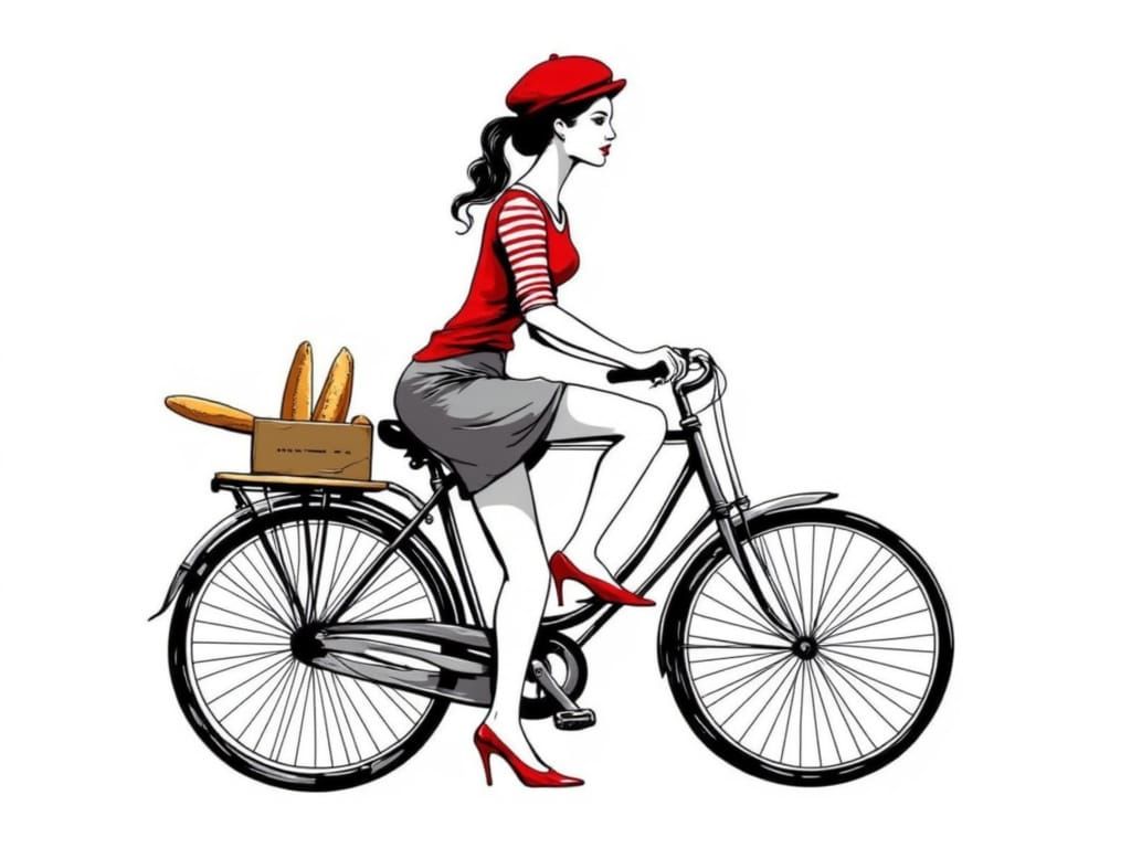 French Woman Cycling: Minimalist Silhouette Illustration