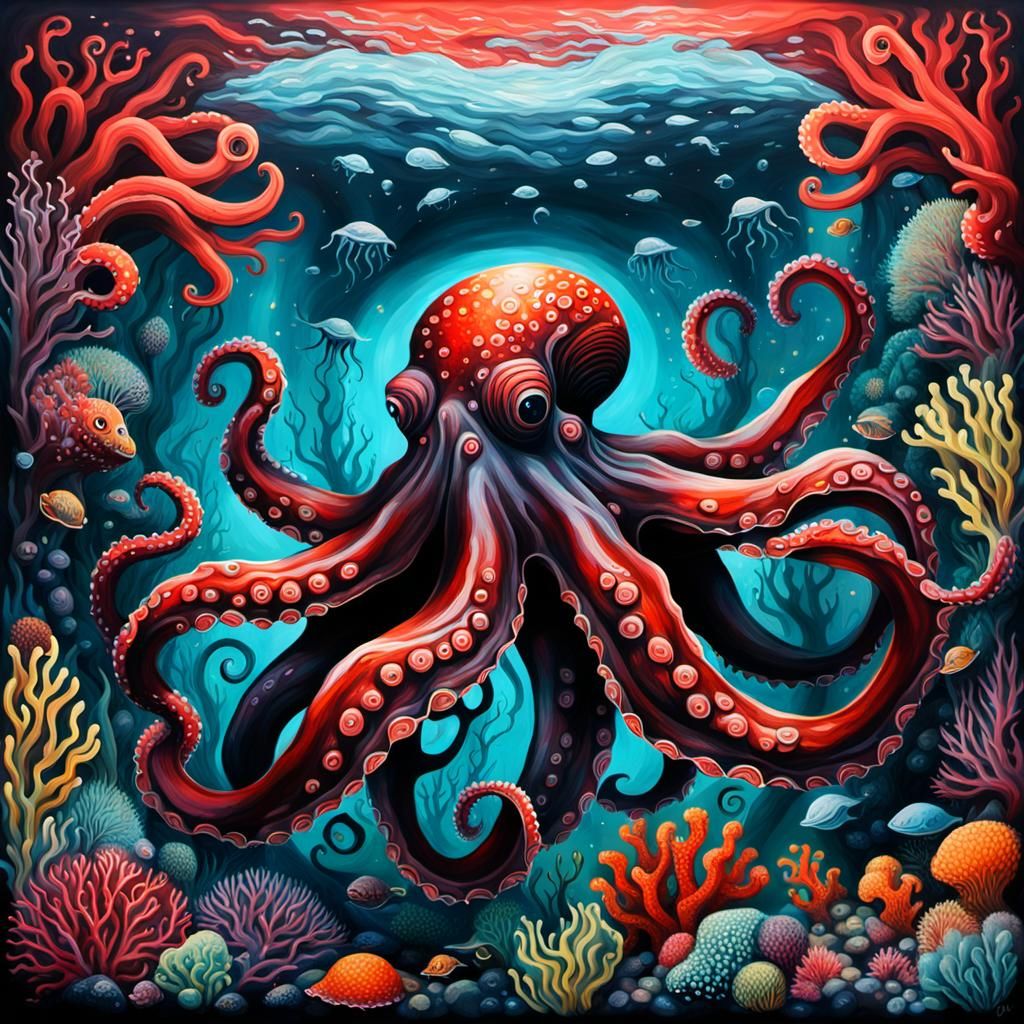 Colorful Bioluminescent Octopus in Graffiti Art Style