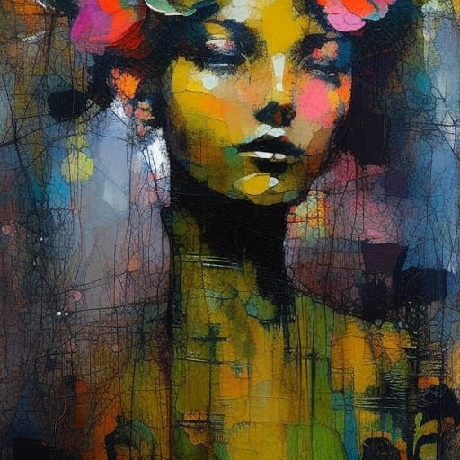 Girl with Flowers in Alcohol Ink Style