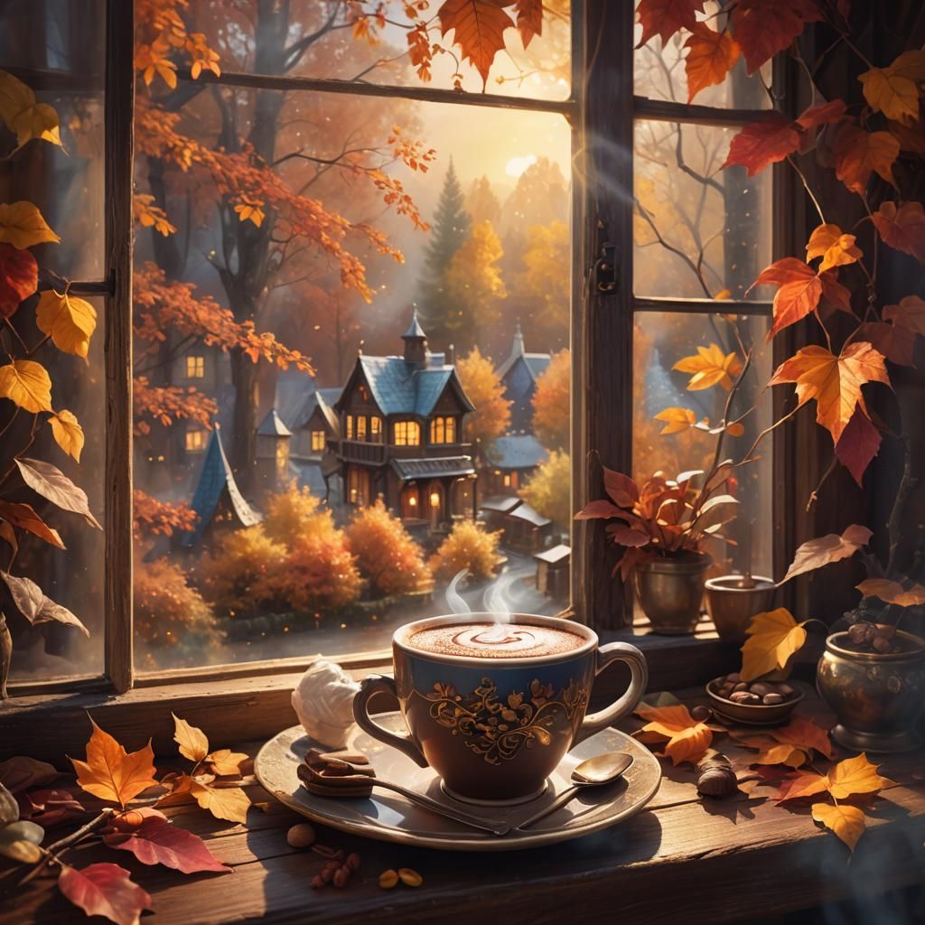 Cozy Hot Chocolate by Autumn Window in Fantasy Style