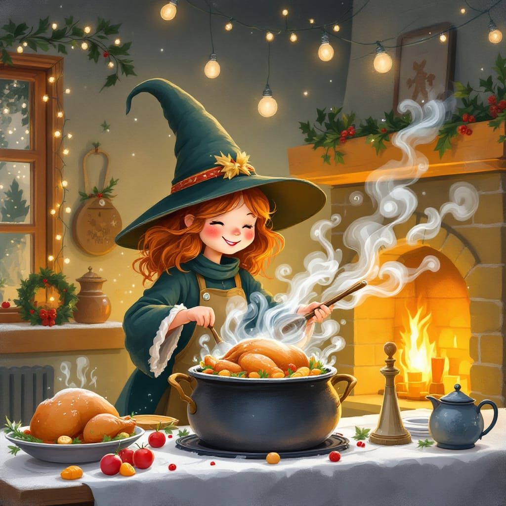 Adorable Witch Cooks Festive Christmas Dinner in Cozy Kitche...