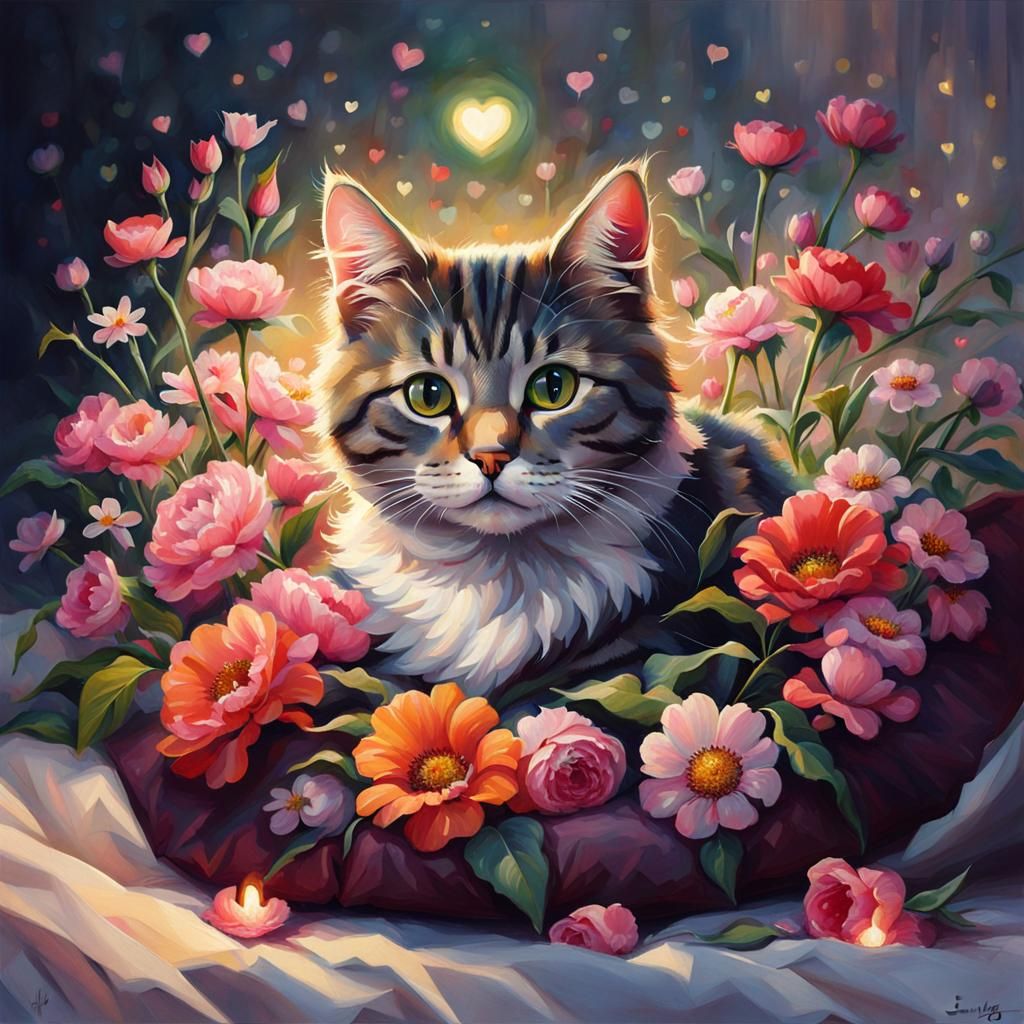 Cute Cat Surrounded by Flowers in Fantasy Art