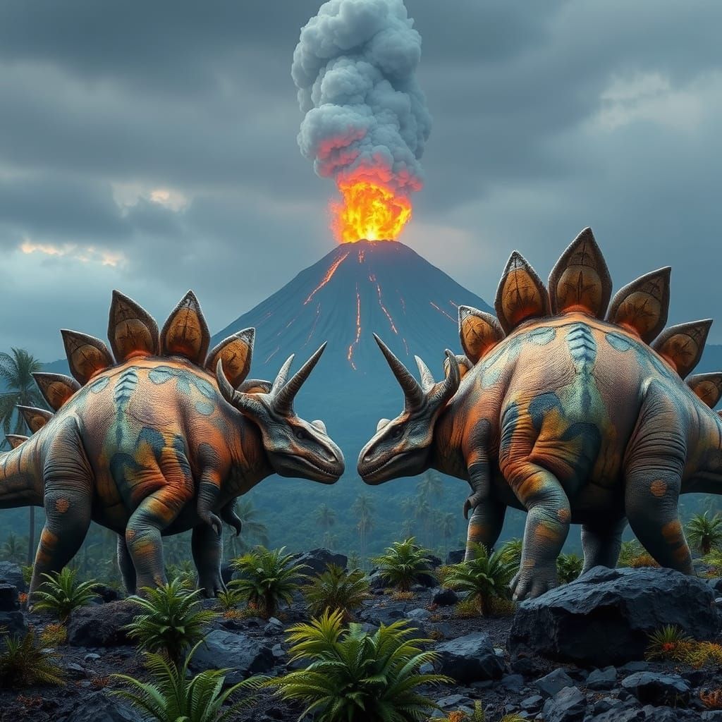 Stegosaurus Showdown Near Erupting Volcano in Hyperrealism