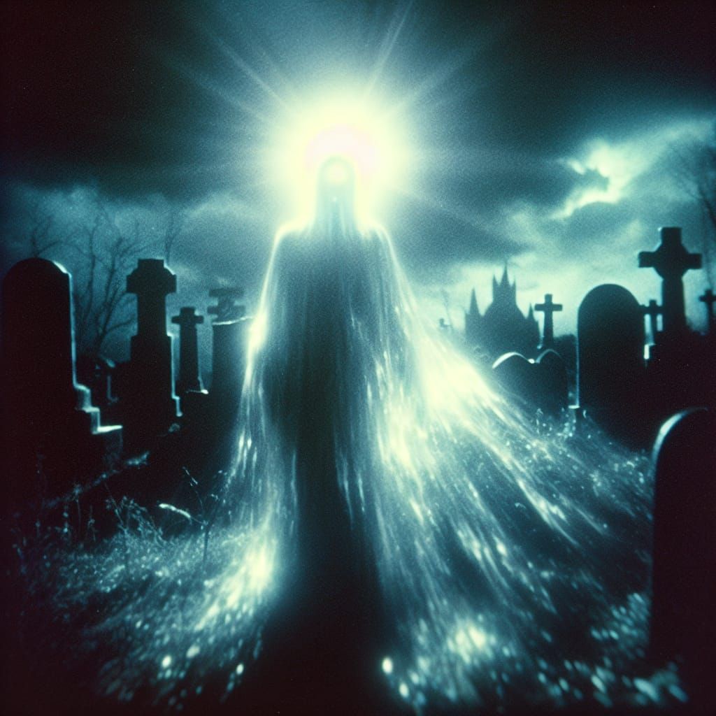 Ethereal Ghost in Graveyard: A Noir-Inspired Scene