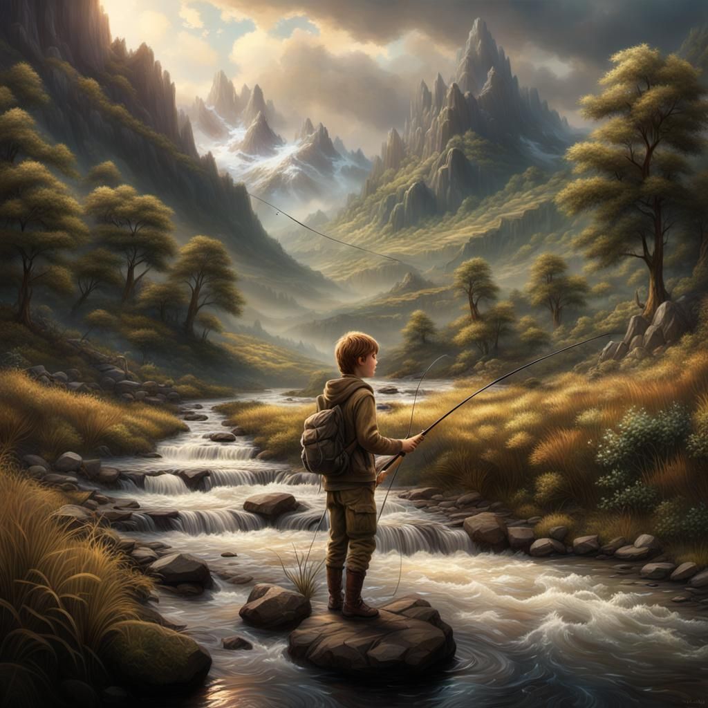 Boy Fishing in Mountain Stream: Digital Matte Painting