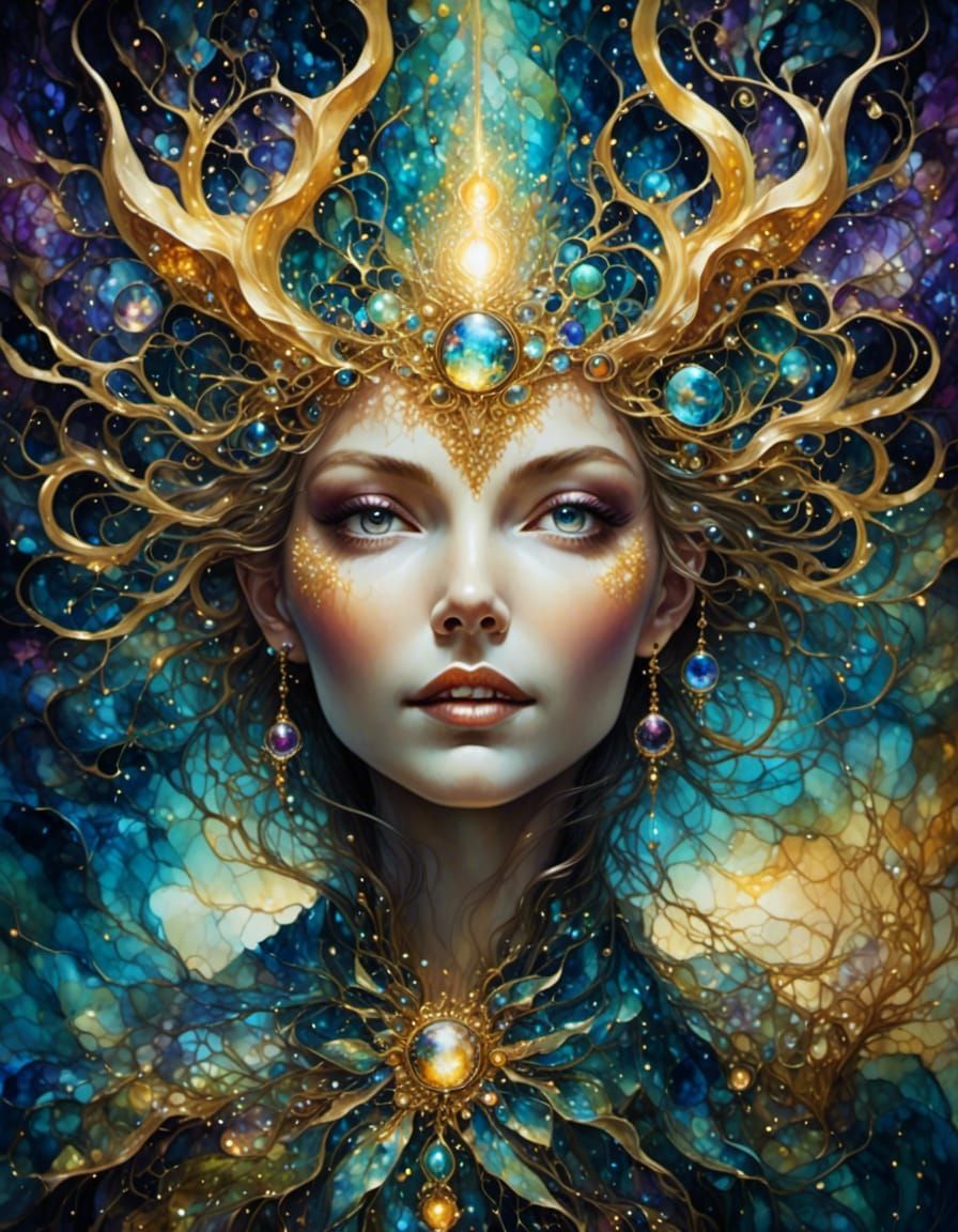 Epic Fantasy Sorcerer with Fractal Lightning and Gilt-Filame...