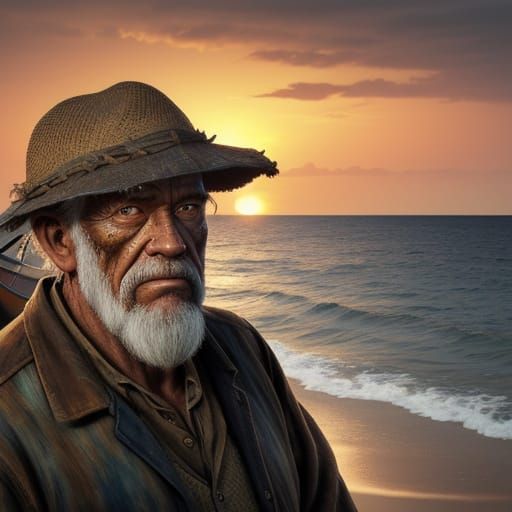 Aged Fisherman by Weathered Boat at Golden Hour Sunset