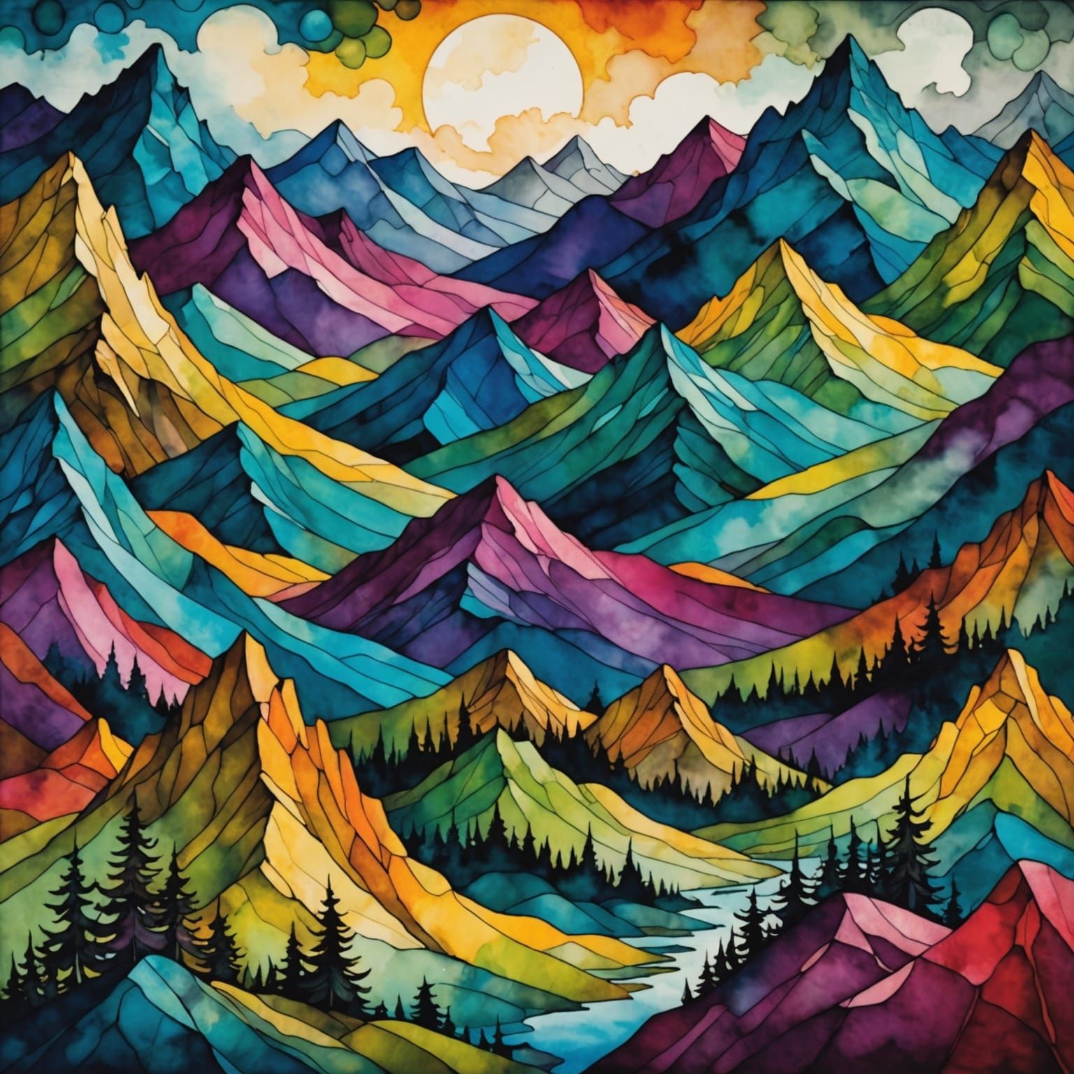 Vibrant Mountains in a Whimsical Landscape
