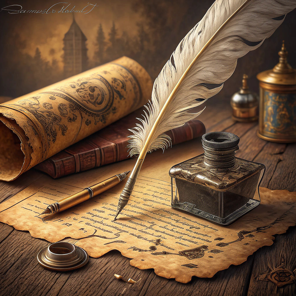 Vintage Writing Desk with Quill and Ancient Scroll