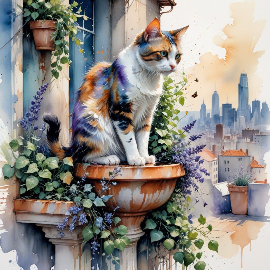 Calico Cat in Rooftop Garden, Expressive Watercolor Art