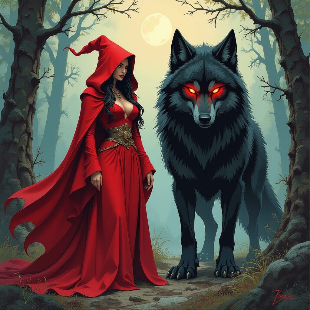 Witch and Wolf Demon in Fantasy Art Style