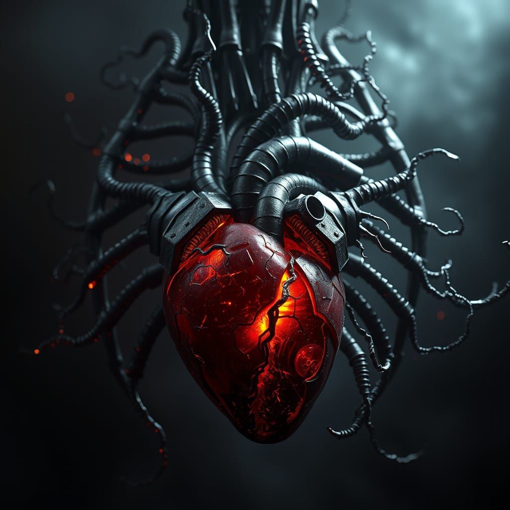 Biomechanical Heart in Obsidian Ribcage: Dark Fantasy