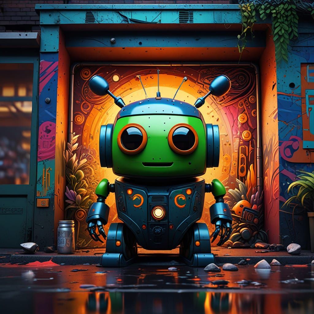 Whimsical Bug Robot in Neon Hues on a Deep Blue-Green Shelf