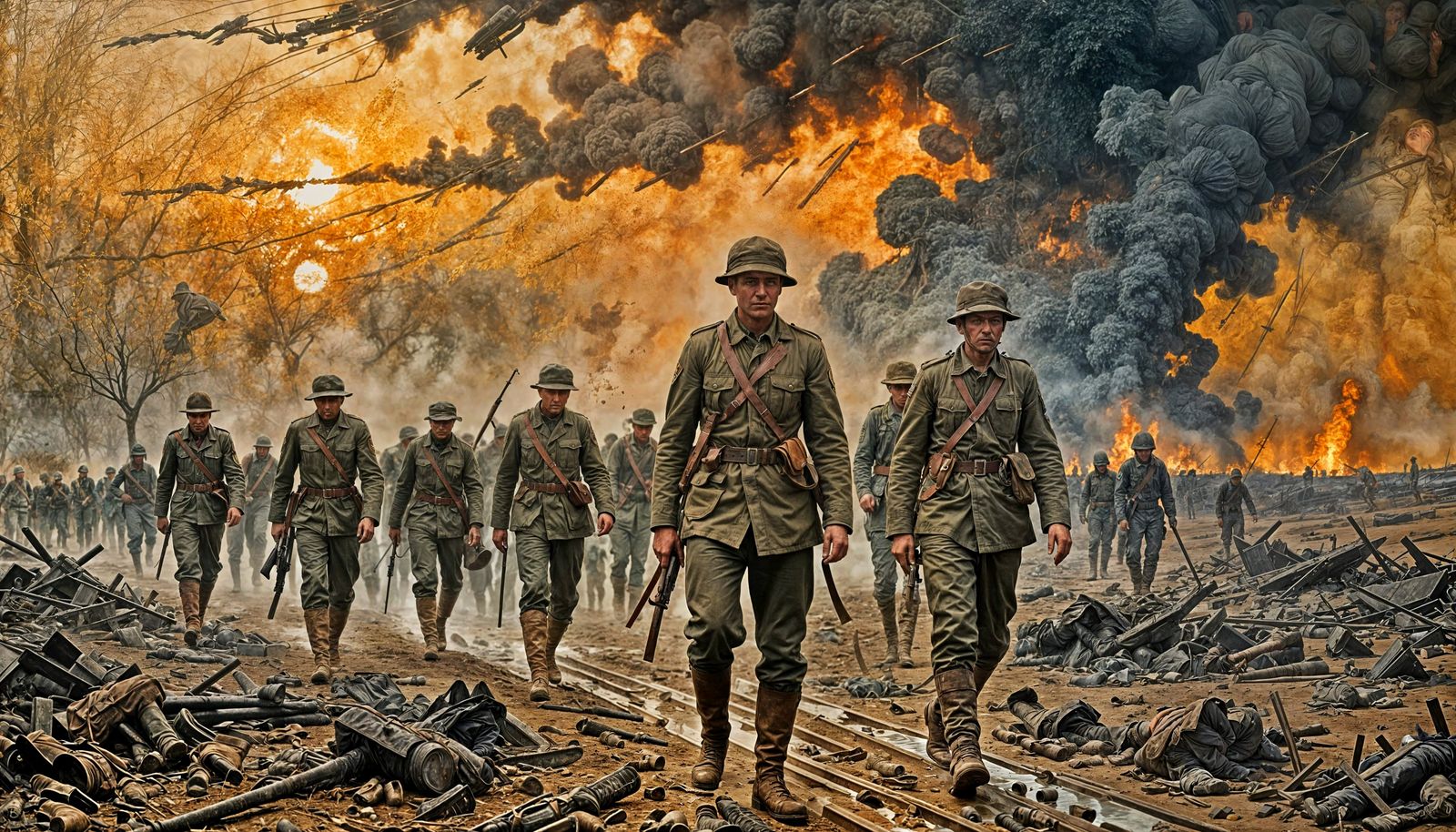 Exhausted Soldiers Marching: A War Scene