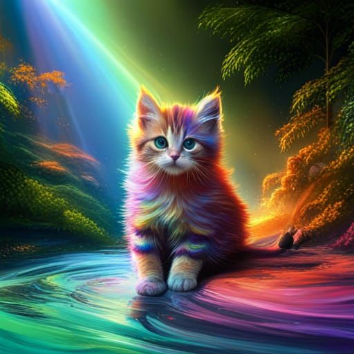 Rainbow Striped Kitten: Detailed Fantasy Concept Art