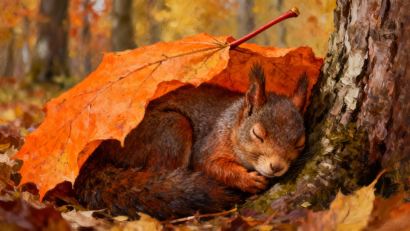 Photorealistic Squirrel Sleeps Under Orange Leaf Blanket