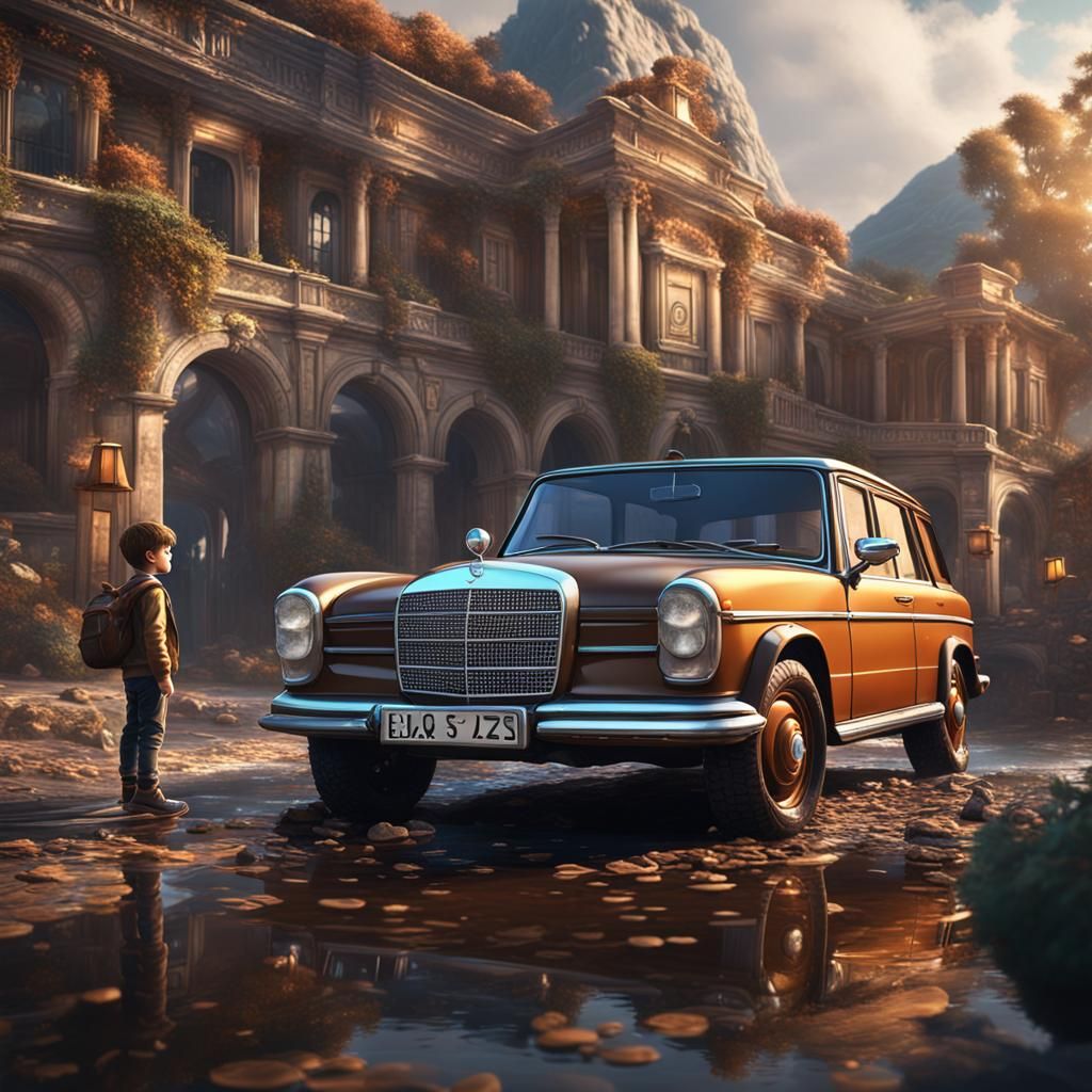 Young Boy and Mercedes in Detailed Matte Painting